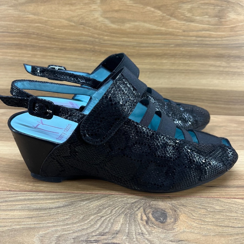 Thierry Rabotin Womens 9 EU‎ 39 Peep Toe Wedge Heels Black Suede Made In Italy - Picture 5 of 9